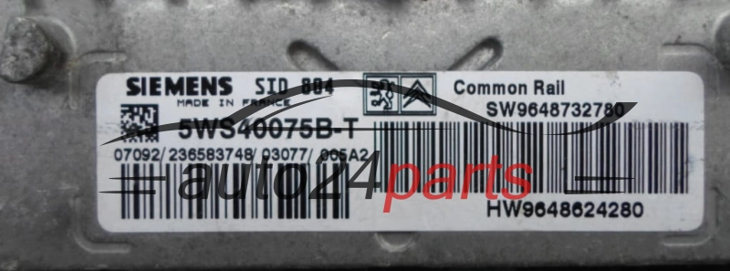 Μονάδα Ελέγχου Κινητήρα CITROEN PEUGEOT 1.4 HDI 5WS40075B-T, 5WS40075BT, SW9648732780, HW9648624280, SID 804 