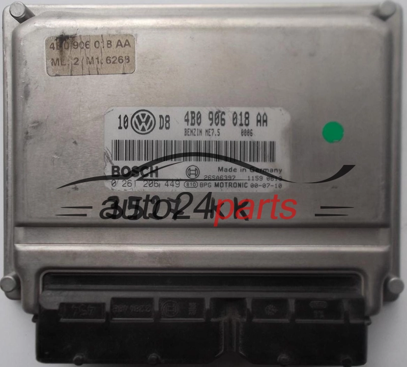 ECU CENTRALITA DE MOTOR VW VOLKSWAGEN PASSAT 1.8T 1.8 TURBO QUATTRO 4B0906018AA, 4B0 906 018 AA, BOSCH 0261206449, 0 261 206 449, BENZIN ME7.5 0006 26SA639