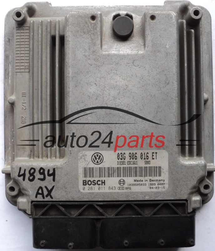 ECU ENGINE CONTROLLER VW VOLKSWAGEN GOLF 2.0 TDI 03G906016ET, 03G 906 016 ET, BOSCH 0281011843, 0 281 011 843, DIESEL EDC16U1 5803, 1039S05033