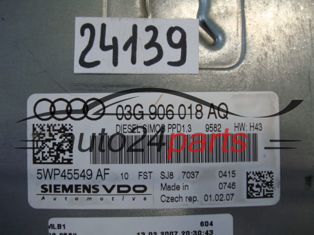 AUDI A4 2.0 TDI SIEMENS VDO 5WP45549 AF, 5WP45549AF, 03G 906 018 AQ, 03G906018AQ, SIMOS PPD1.3