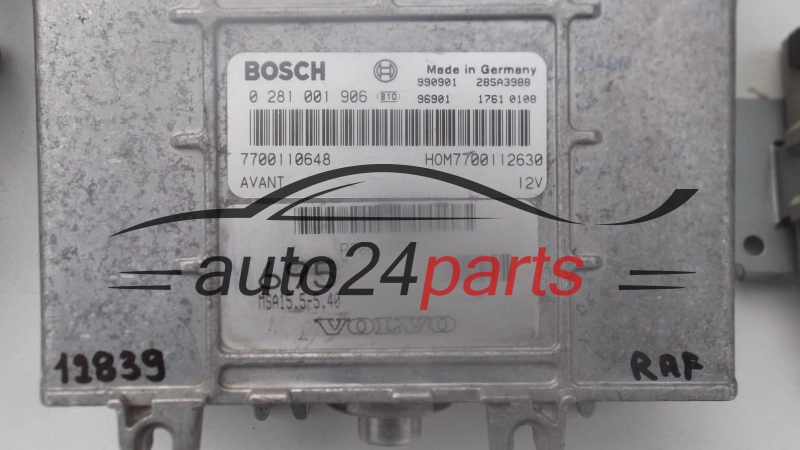 KOMPUTER STEROWNIK SILNIKA VOLVO S40 V40 1.9 TDI BOSCH 0281001906, 0 281 001 906, 7700110648, HOM7700112630, HOM 7700112630, P30613695, MSA15.5-5.40 695