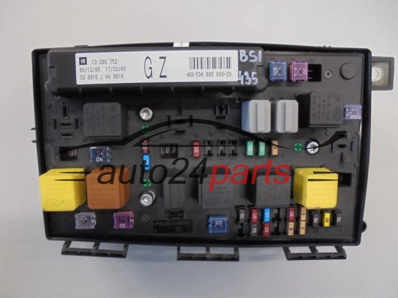 SKRZYNKA ELEKTRYCZNA PRZEKAŻNIKÓW I BEZPIECZNIKÓW MODUŁ NADWOZIA CENTRALKA KOMFORTU BSI PRZEDNIA OPEL ASTRA H ZAFIRA B GM 13 206 752 GZ, 13206752 GZ, HELLA 5DK 008 668-29, 5DK008668-29, 5DK00866829