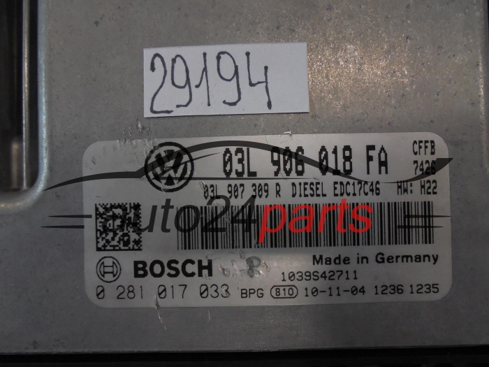 KOMPUTER STEROWNIK SILNIKA VW VOLKSWAGEN TIGUAN 2.0 TDI 03L906018FA, 03L 906 018 FA, 03L907309R, 03L 907 309 R, BOSCH 0 281 017 033, 0281017033, DIESEL EDC17C46