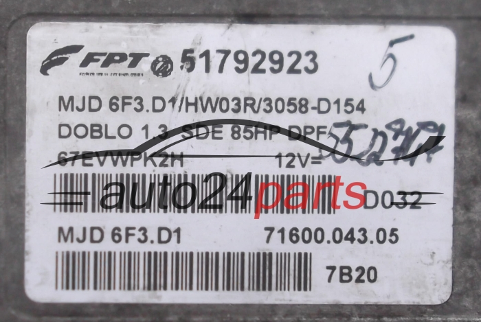 Μονάδα Ελέγχου Κινητήρα FIAT DOBLO 1.3 JTD MAGNETI MARELLI MJD 6F3.D1, MJD6F3D1, FPT 51792923, 71600.043.05, 7160004305 
