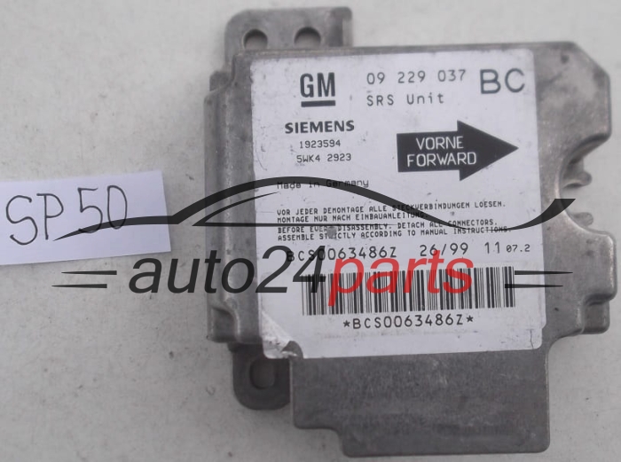 STEROWNIK MODUL PODUSZEK POWIETRZNYCH OPEL ASTRA G ZAFIRA A 09229037 BC, 09 229 037 BC, 9192916, 6237062, 62 37 062, SIEMENS 1923594 5WK42923