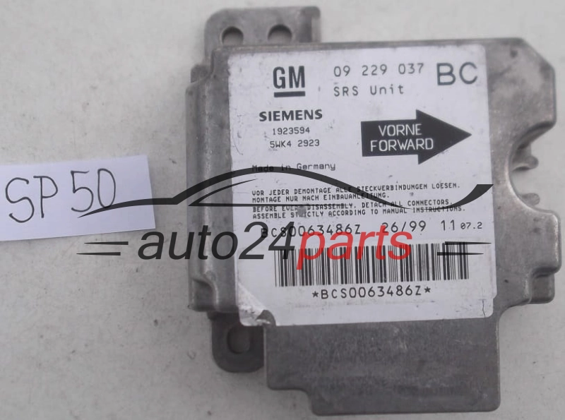 STEROWNIK MODUL PODUSZEK POWIETRZNYCH OPEL ASTRA G ZAFIRA A 09229037 BC, 09 229 037 BC, 9192916, 6237062, 62 37 062, SIEMENS 1923594 5WK42923
