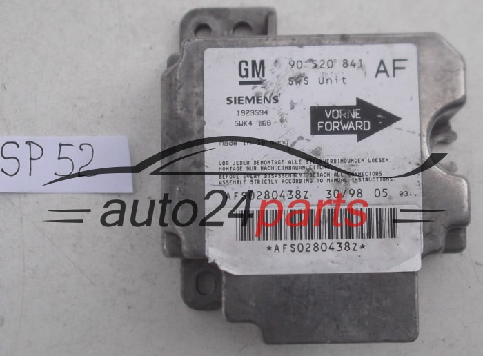 AIRBAG STEUERGERAT OPEL ASTRA G ZAFIRA A 90520841 AF, 90 520 841 AF, 9117205, 6237758, 62 37 758, SIEMENS 1923594 5WK4168