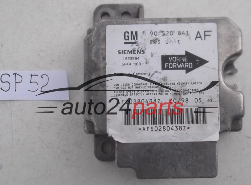 AIRBAG STEUERGERAT OPEL ASTRA G ZAFIRA A 90520841 AF, 90 520 841 AF, 9117205, 6237758, 62 37 758, SIEMENS 1923594 5WK4168