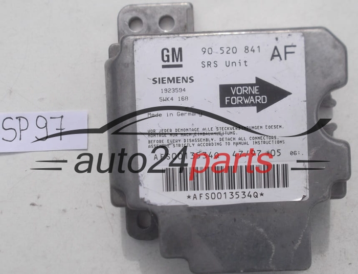 STEROWNIK MODUL PODUSZEK POWIETRZNYCH OPEL ASTRA G ZAFIRA A 90520841 AF, 90 520 841 AF, 9117205, 6237758, 62 37 758, SIEMENS 1923594 5WK4168