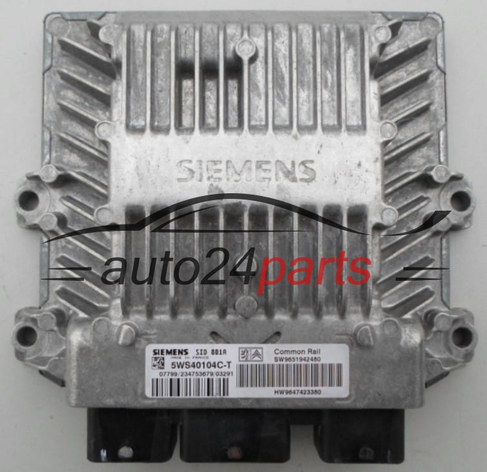 Calculateur Moteur CITROEN PEUGEOT 2.0 HDI SIEMENS 5WS40104C-T,  SW 9651942480, HW 9647423380, SID801A