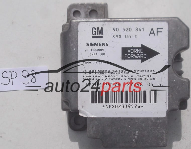STEROWNIK MODUL PODUSZEK POWIETRZNYCH OPEL ASTRA G ZAFIRA A 90520841 AF, 90 520 841 AF, 9117205, 6237758, 62 37 758, SIEMENS 1923594 5WK4168