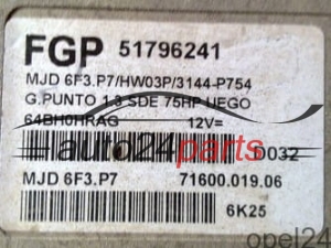 ECU CENTRALITA DE MOTOR FIAT GRANDE PUNTO MAGNETI MARELLI MJD 6F3.P7, MJD6F3P7, FGP 51796241, 71600.019.06, 7160001906