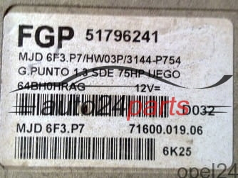 ECU CENTRALITA DE MOTOR FIAT GRANDE PUNTO MAGNETI MARELLI MJD 6F3.P7, MJD6F3P7, FGP 51796241, 71600.019.06, 7160001906