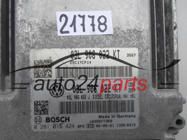  VW VOLKSWAGEN JETTA 1.9 TDI BOSCH 0 281 015 424, 0281015424, 03L 906 022 KT, 03L906022KT, EDC17CP14 