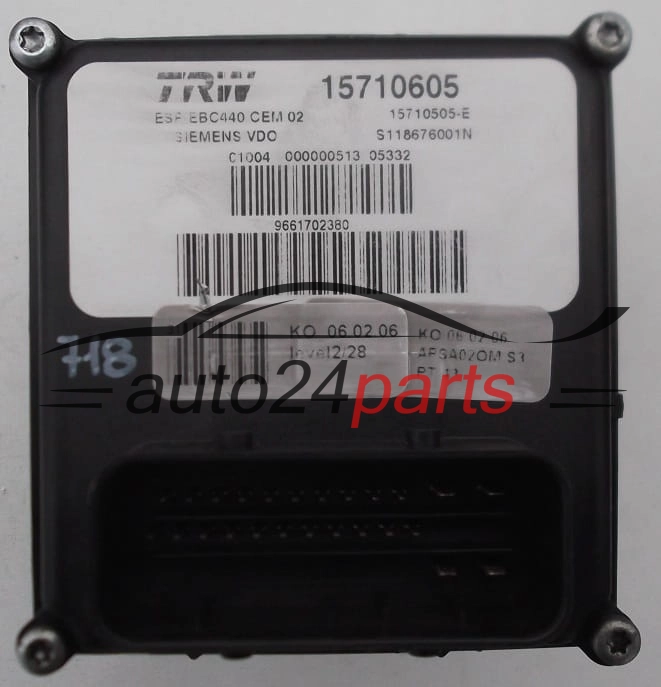 ABS HYDRAULIK-AGGREGAT MIT STEUERGERAET  PEUGEOT 407 SIEMENS VDO S118676001N, TRW 15710605, 15710505E, 9661702380